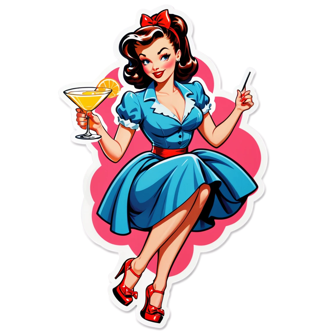 Pinup girl holding a cocktail, party sticker