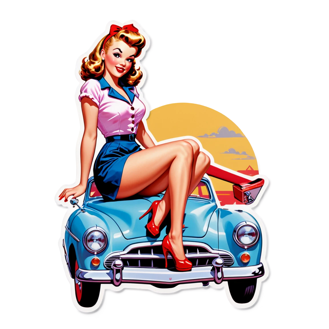 Pinup girl sitting on a car, nostalgic sticker