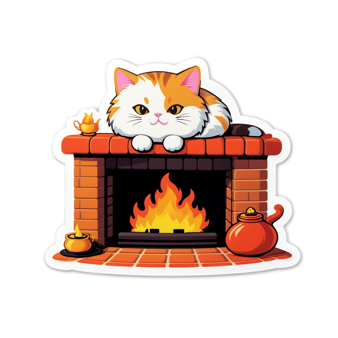 Cat by the fireplace, light colored puffy cat, puffy cat sticker