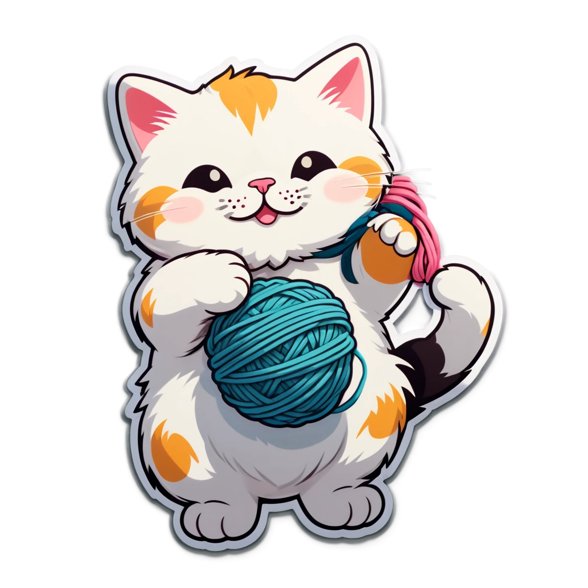 Cat with yarn ball, light colored puffy cat, puffy cat sticker