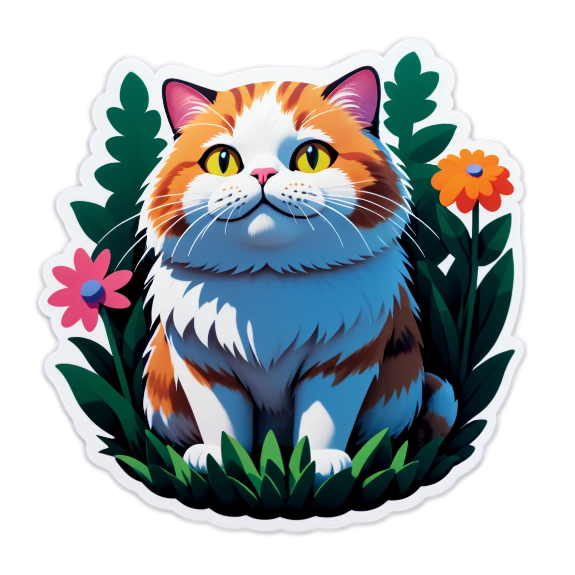 Cat in the garden, light colored puffy cat, puffy cat sticker