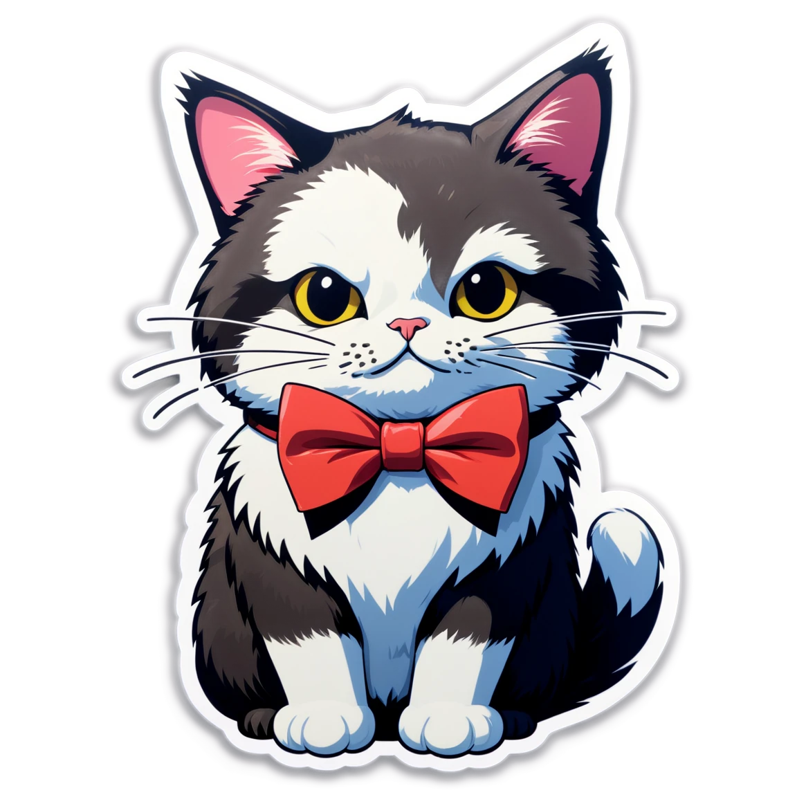 Cat with a red ribbon, light colored puffy cat, puffy cat sticker