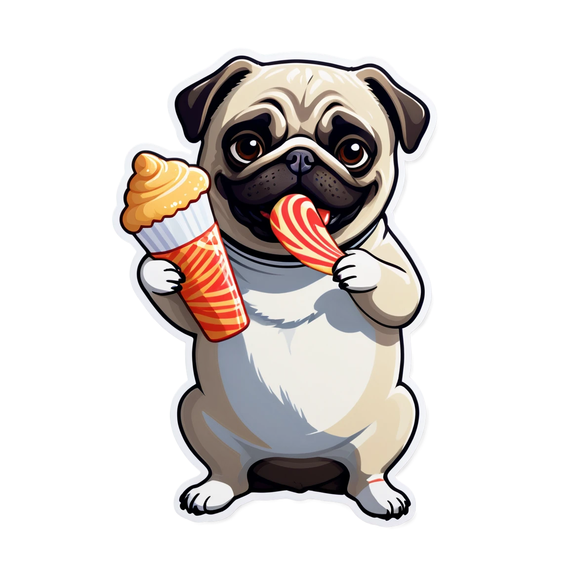 Pug holding a treat, pug sticker