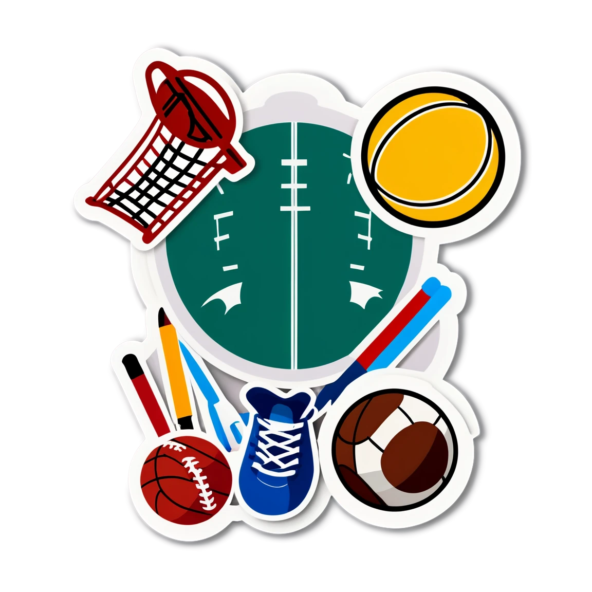 School sticker with sports equipment