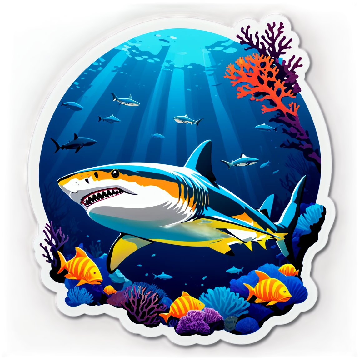 Tiger shark with coral reefs, shark sticker