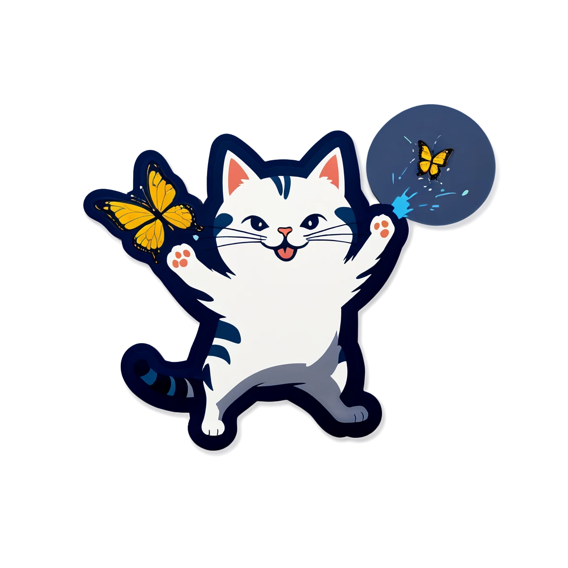 Cat chasing butterflies, silly cat sticker