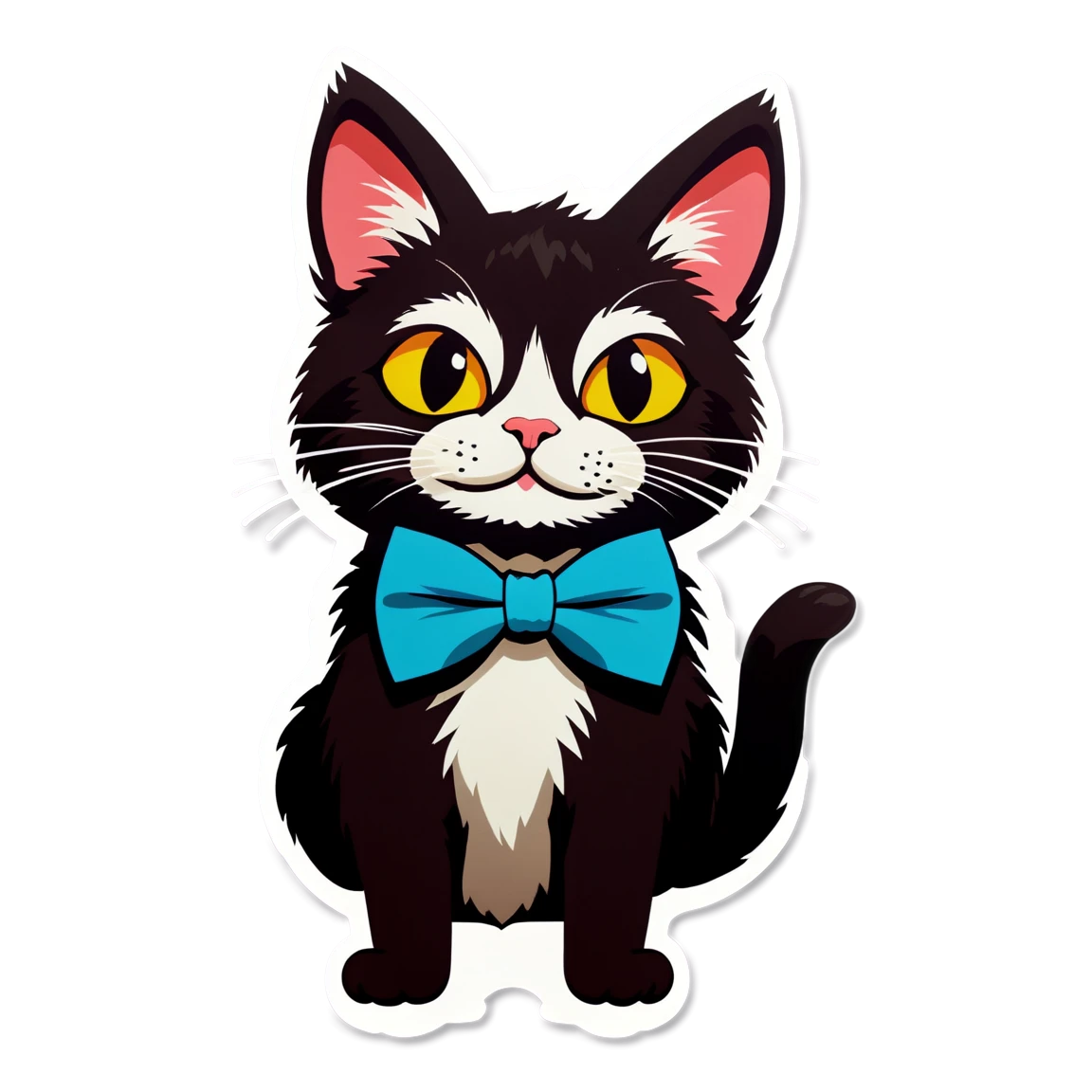 Black cat with blue ribbon, silly cat sticker