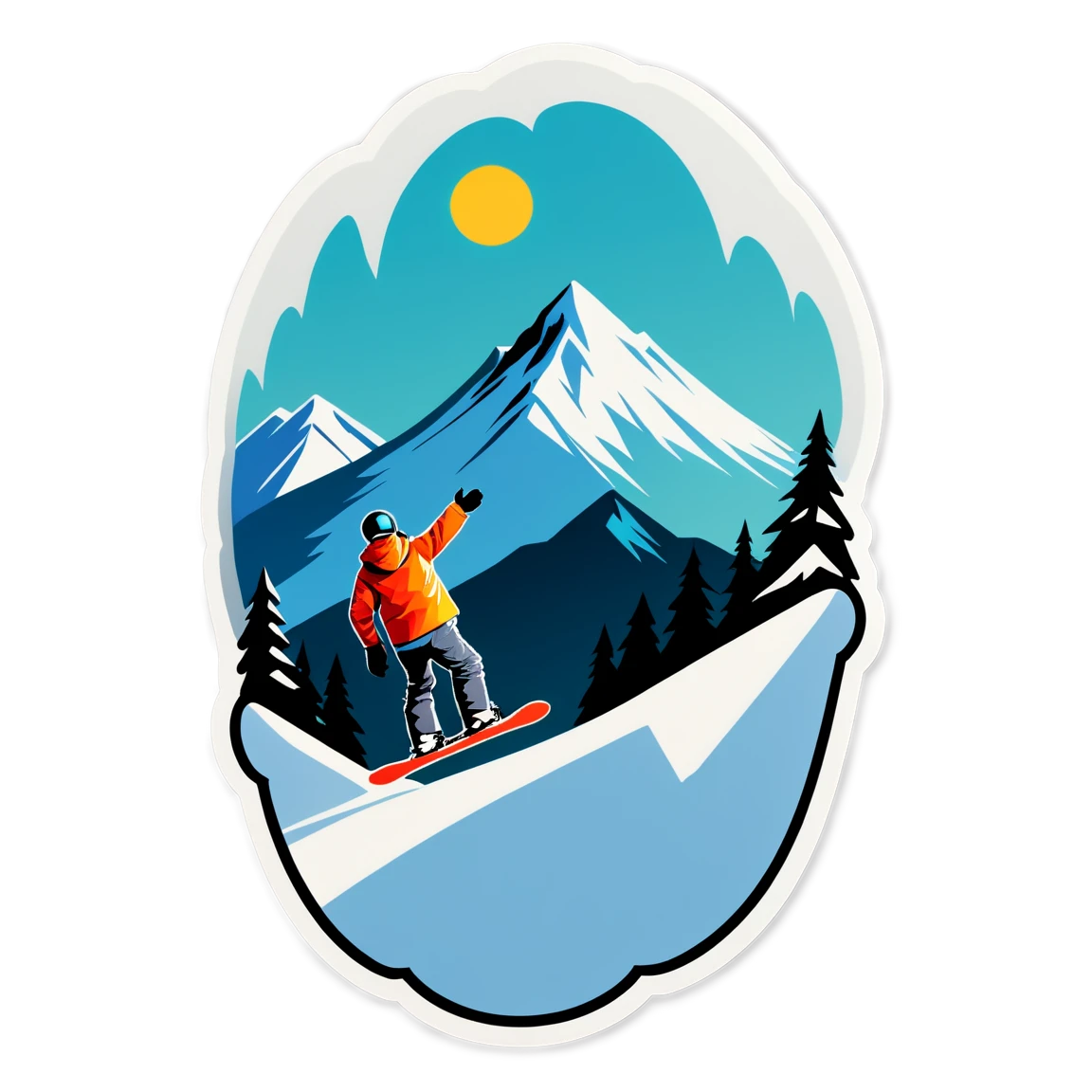 Snowboard sticker with a mountain background