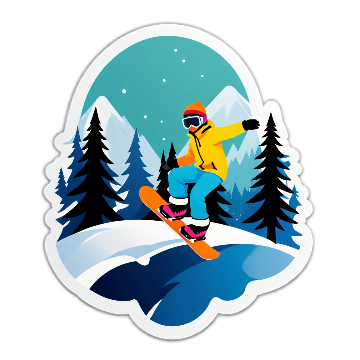 Snowboard sticker set in a snowy forest