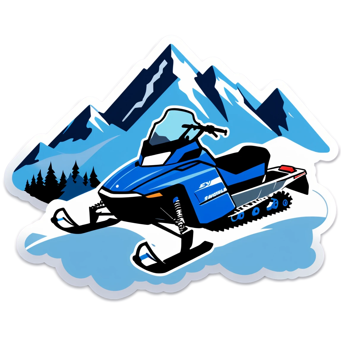 Blue snowmobile in mountains, snowmobile sticker