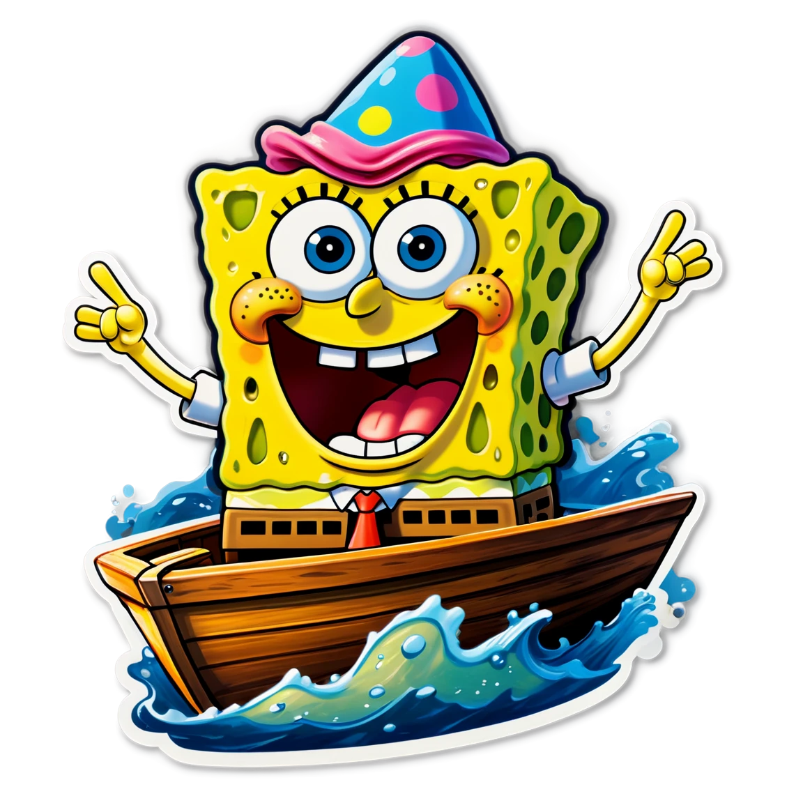 Spongebob sticker driving a boat