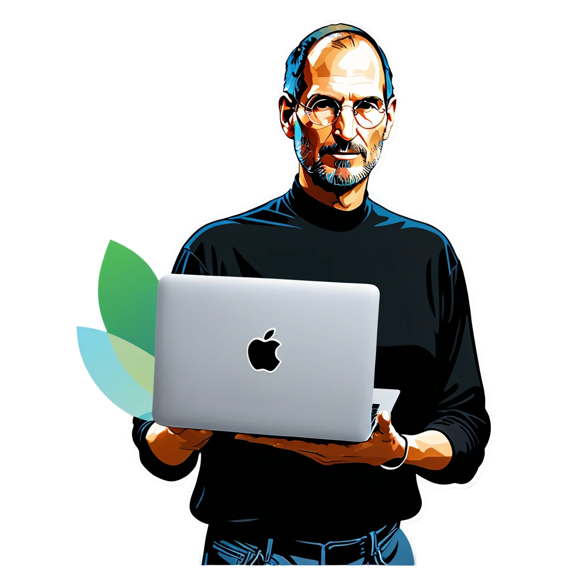 Steve Jobs holding a MacBook, tech visionary sticker, Steve Jobs sticker