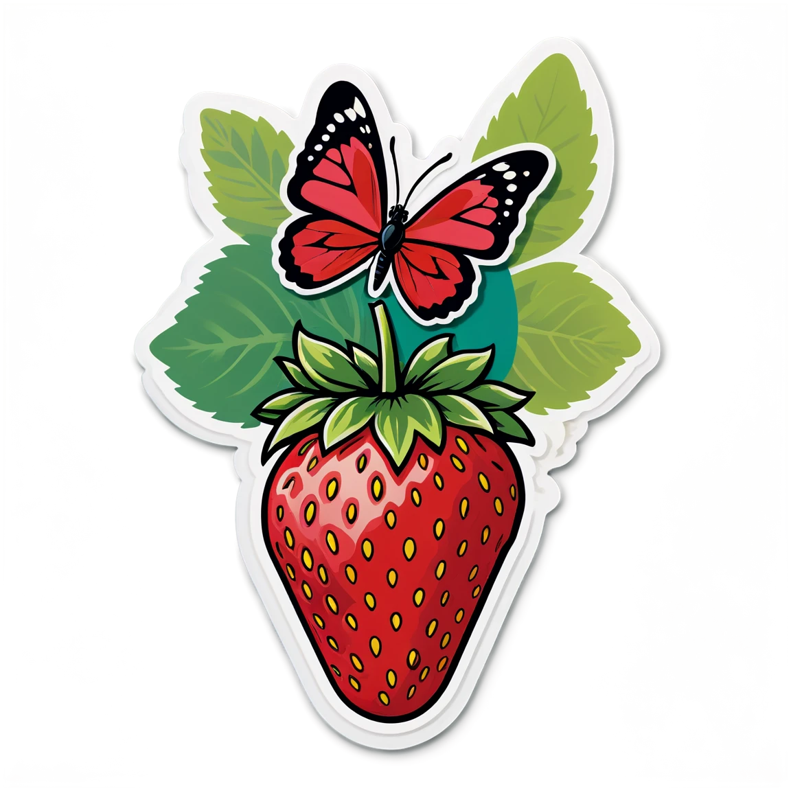 Strawberry with a butterfly, strawberry sticker