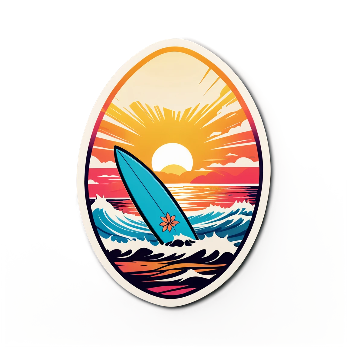 Surfboard sunset background, surfboard sticker