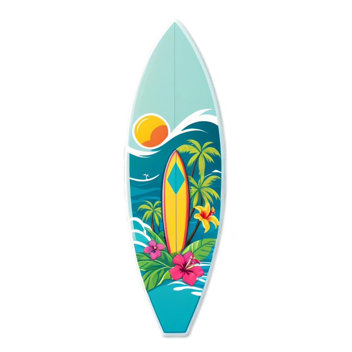 Surfboard with tropical beach, surfboard sticker