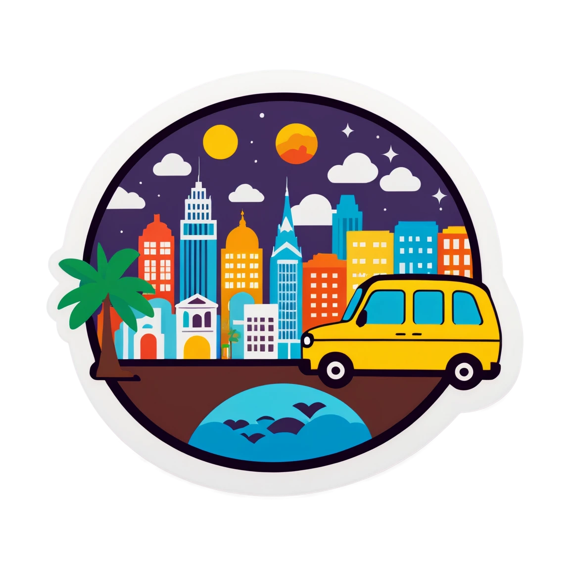 City trip by car, urban travel, travel sticker