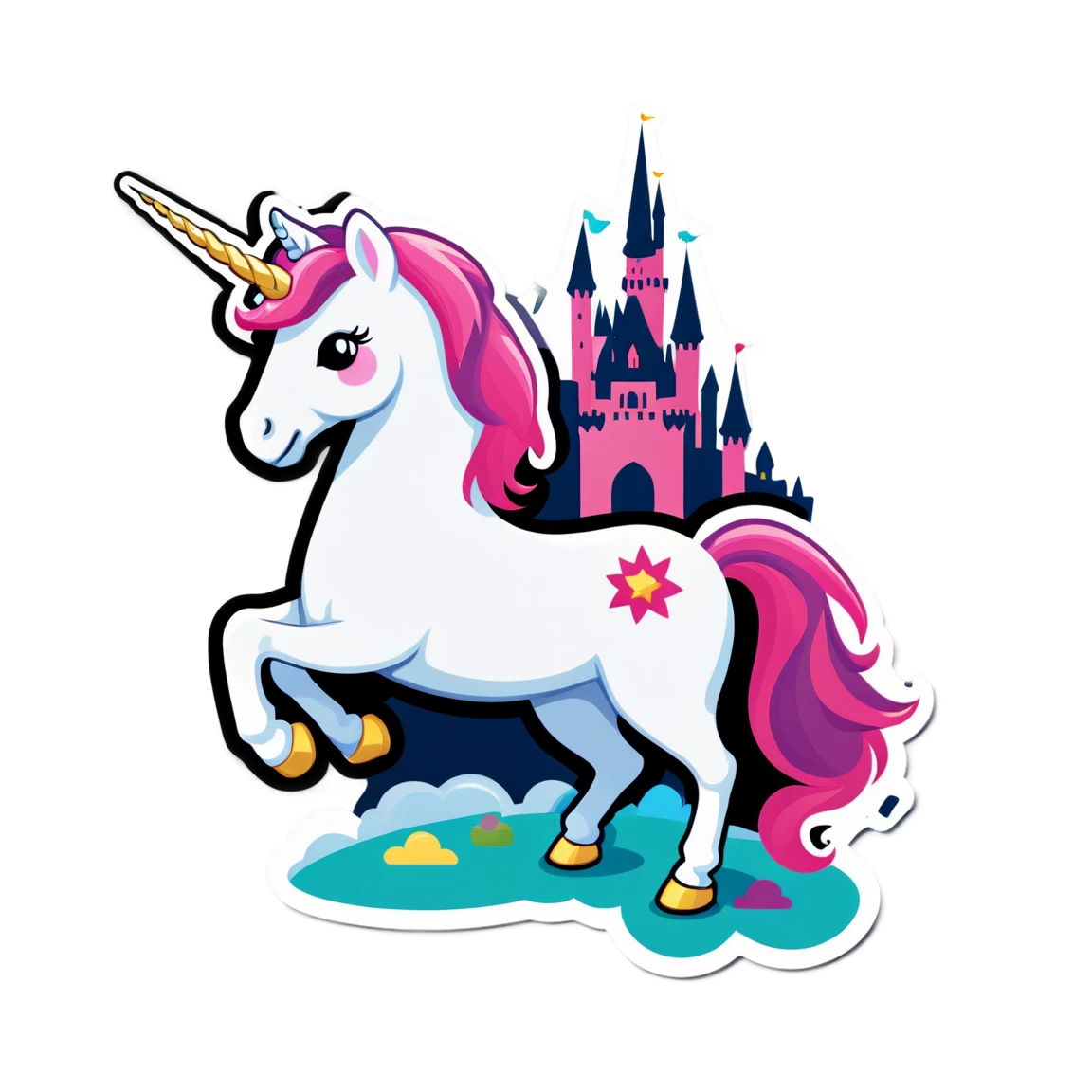 Unicorn with castle in the background, unicorn sticker