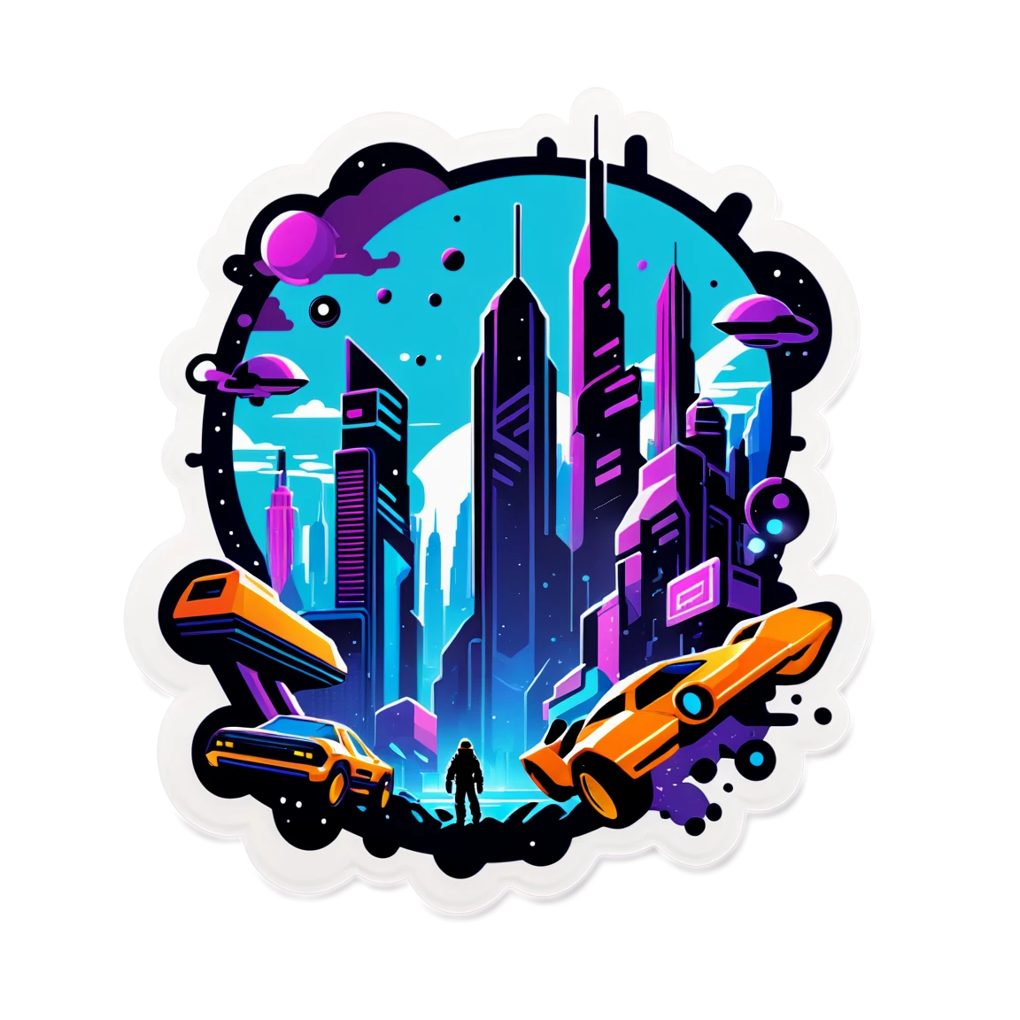 Video game in futuristic city, sci-fi sticker, video game sticker