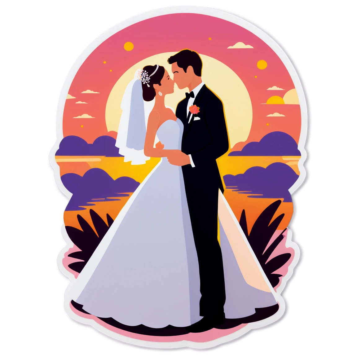 Wedding at sunset, groom and bride sticker, wedding sticker